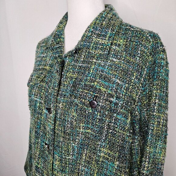 Chico's Tweed Jacket Button Shacket Academia Size 2 Large Green Black - Picture 2 of 8